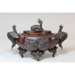 Japanese Meiji period lacquered bronze censer of lobed elliptical form with Chilong finial, twin
