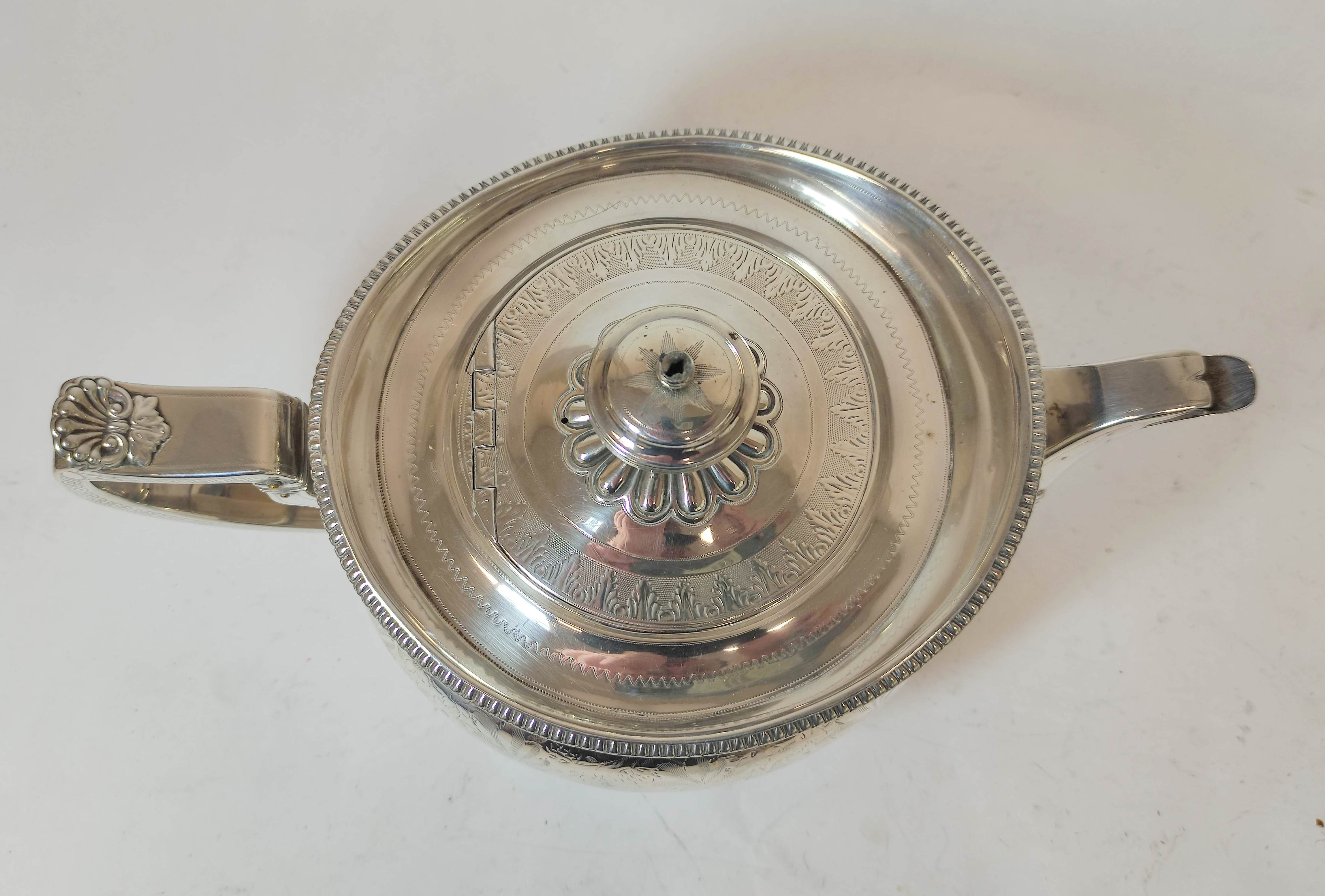 Silver tea pot of compressed spherical shape engraved and semi-gadrooned, by Robertson & Walton, - Image 3 of 6