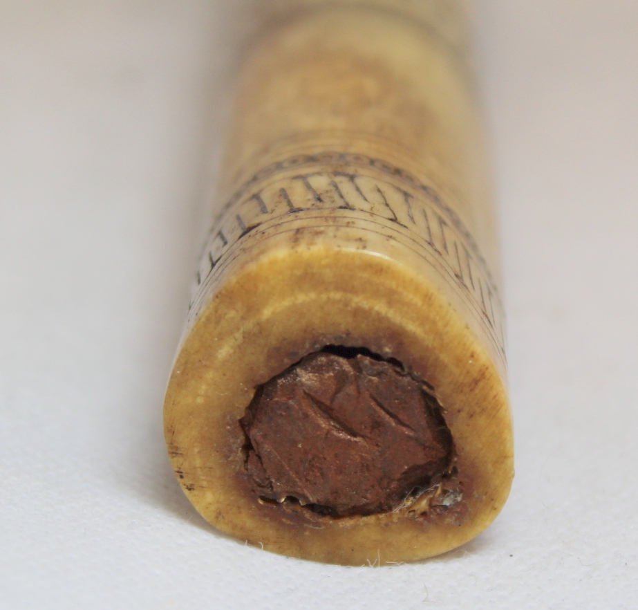 Antique tribal bone snuff or potion bottle with incised banding and stained mask head stopper, - Image 9 of 10