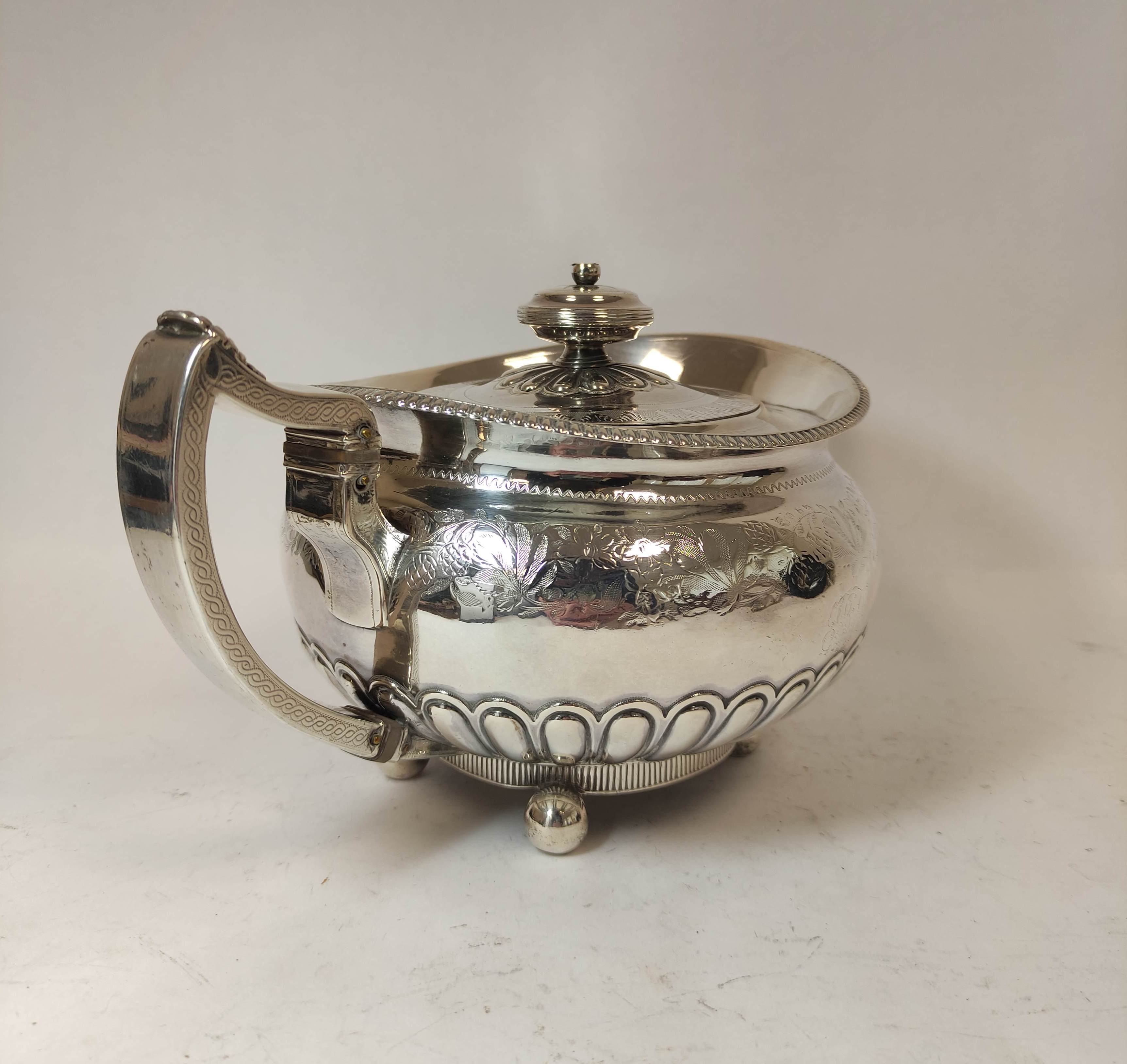 Silver tea pot of compressed spherical shape engraved and semi-gadrooned, by Robertson & Walton, - Image 2 of 6