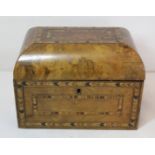 Victorian burr walnut domed tea caddy with Tunbridge ware inlaid borders, the interior with two
