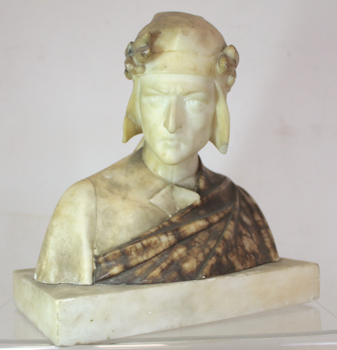 Antique carved alabaster bust of Dante on rectangular plinth base (detached), 23cm high. - Image 2 of 15