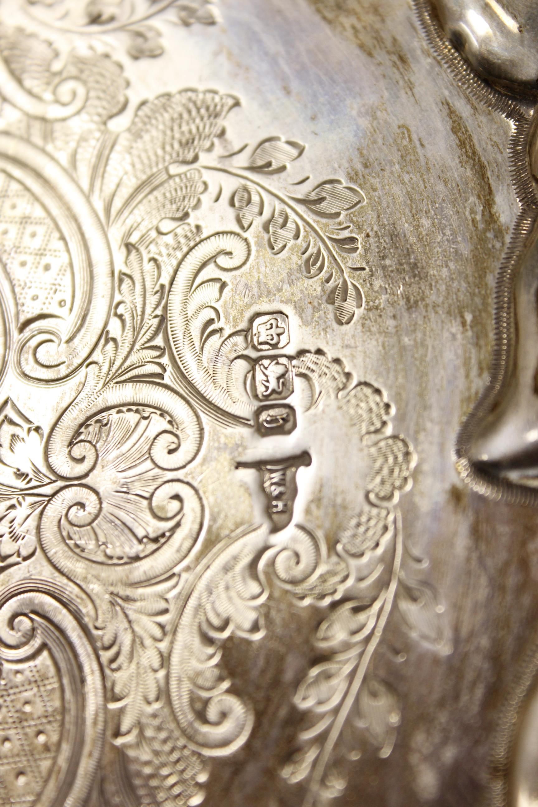 Silver engraved waiter with scroll border by Walker & Hall, Sheffield 1900, 22cm, 12 1/2oz / 390g. - Image 5 of 5