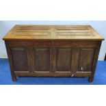 18th century oak coffer, hinged four panel top above four panelled front and panelled ends on