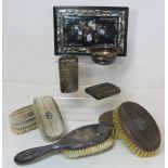 Papier mache black lacquer blotting pad boards with mother of pearl inlay and floral decoration,