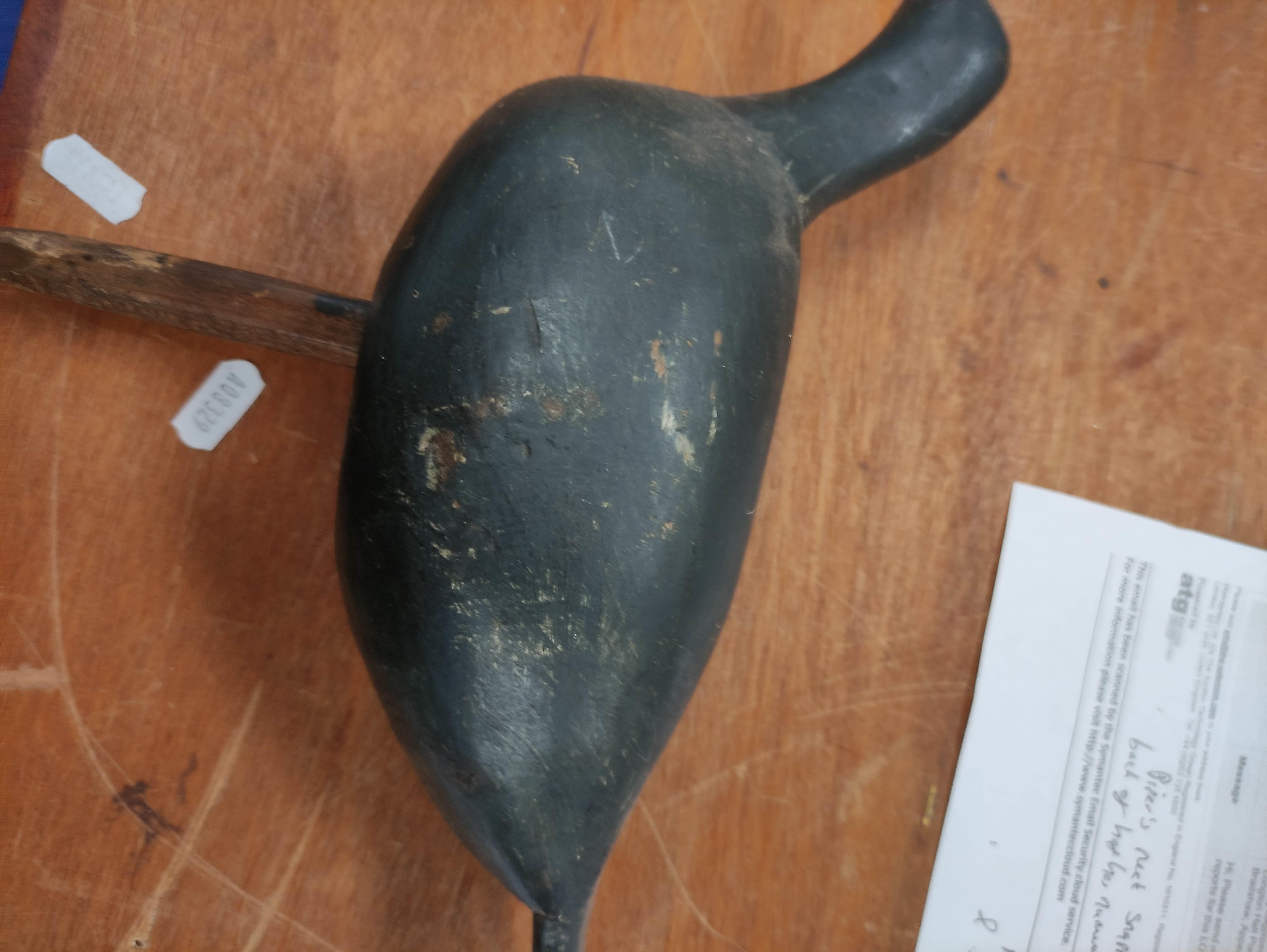 Antique wooden bird decoy with grey painted finish and peg base, 23.5cm high and 31cm long. - Image 13 of 13