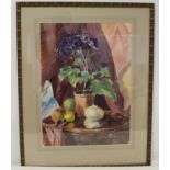 ROBIN WALLACE (1897-1952) Still life with flowers and fruit. Watercolour. 53cm x 38cm. Signed. Abbot