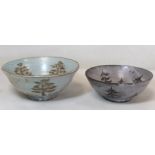 Two studio pottery small circular bowls, both with sgraffito decoration of trees, one with duck