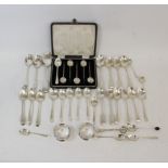 Twenty nine silver tea and other spoons, a set of six coffee spoons with bean ends, cased, and two