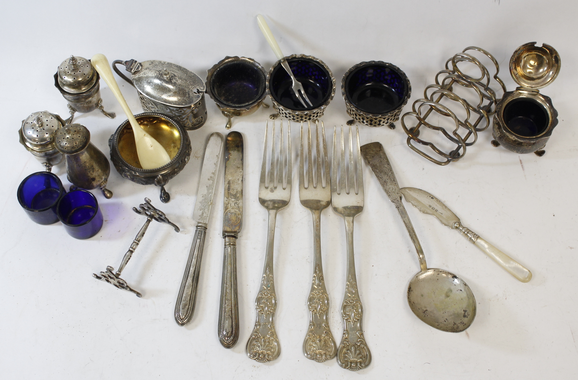 Embossed silver circular salt, 1863, eight other condiments and various other items, some e.p.