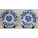 Pair of 18th century Delft blue and white soup plates decorated with floral panels in the Chinese