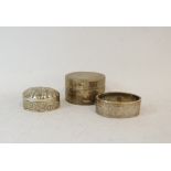 Silver box of scallop shape, Import Marks 1900, another unmarked and a half engraved bangle,
