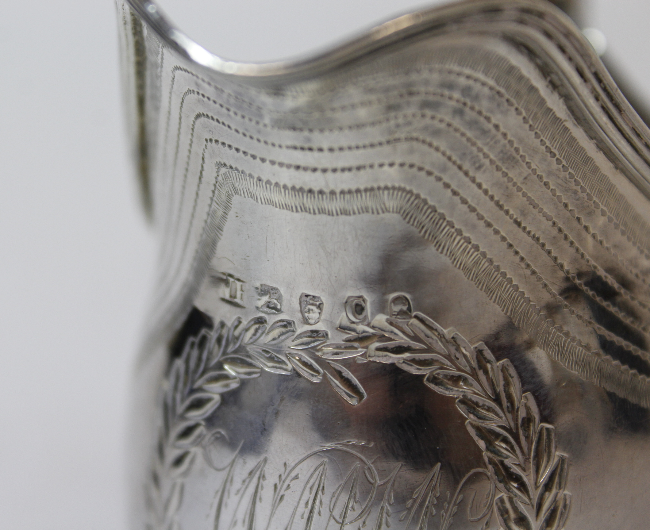 Silver cream jug of ovoid shape with initialled cartouche and pin struck bands by William Hall, - Image 5 of 5