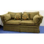 Peter Guild three seater Knole sofa upholstered in green and gold boucle moquette, with four scatter