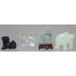 Small Chinese carved rock crystal figure of a Dog of Fo, 5.5cm high; a carved black soapstone figure