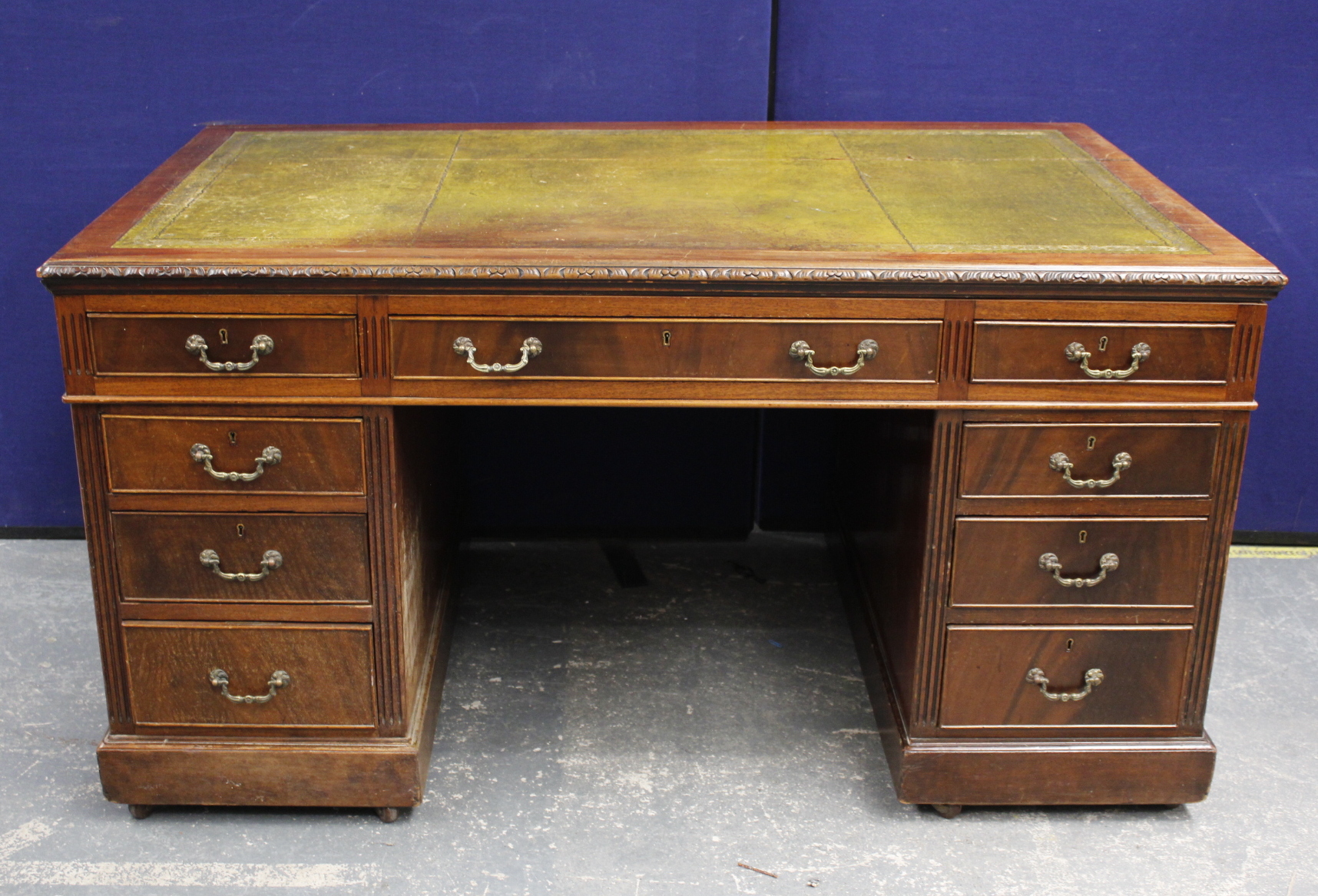 Victorian mahogany partners desk  of typical design with moulded edge top & panelled ends, 86cm