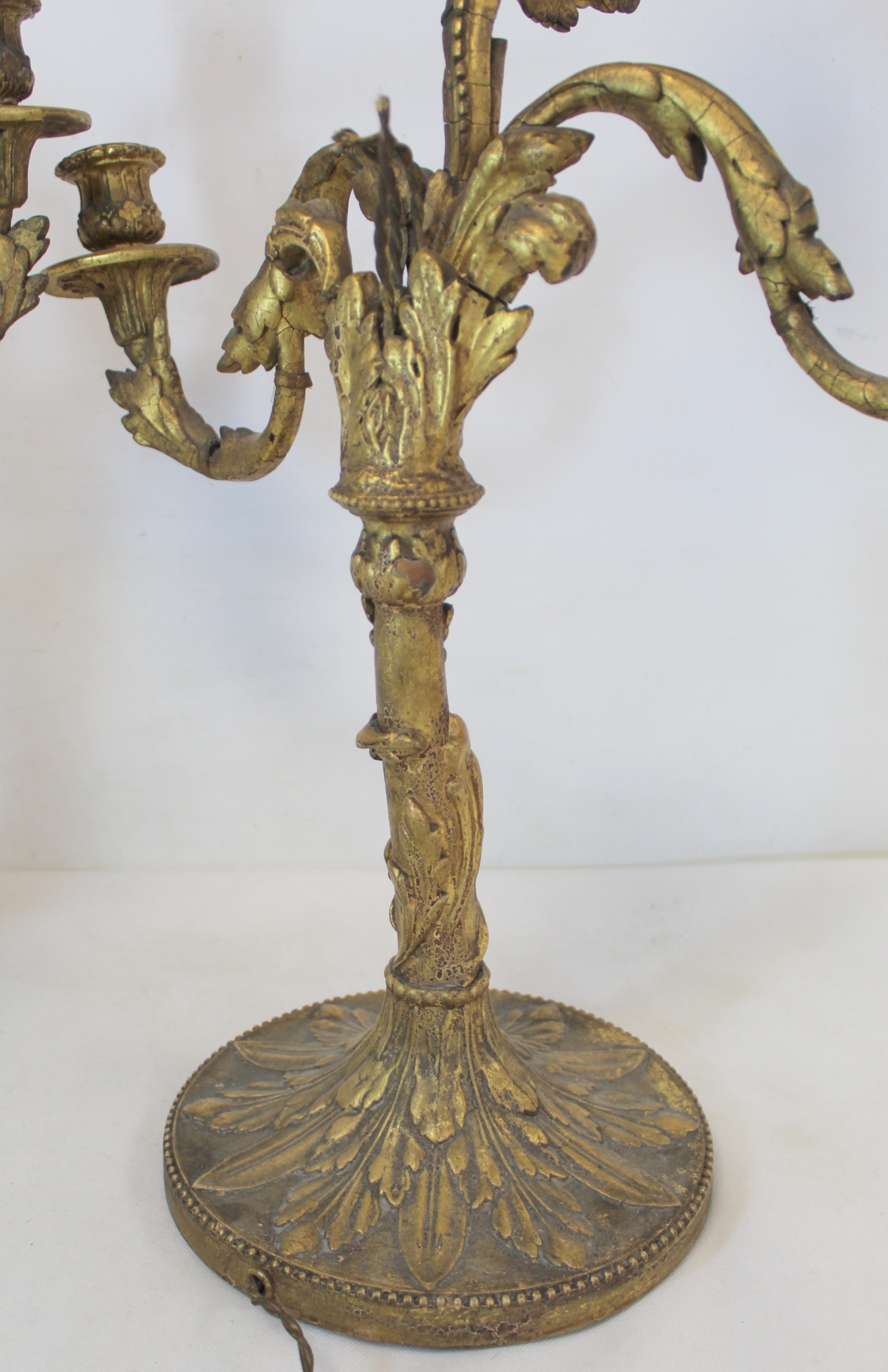 Pair of giltwood candelabra, each with three sconces on circular drip trays and scrolling foliate - Image 7 of 26