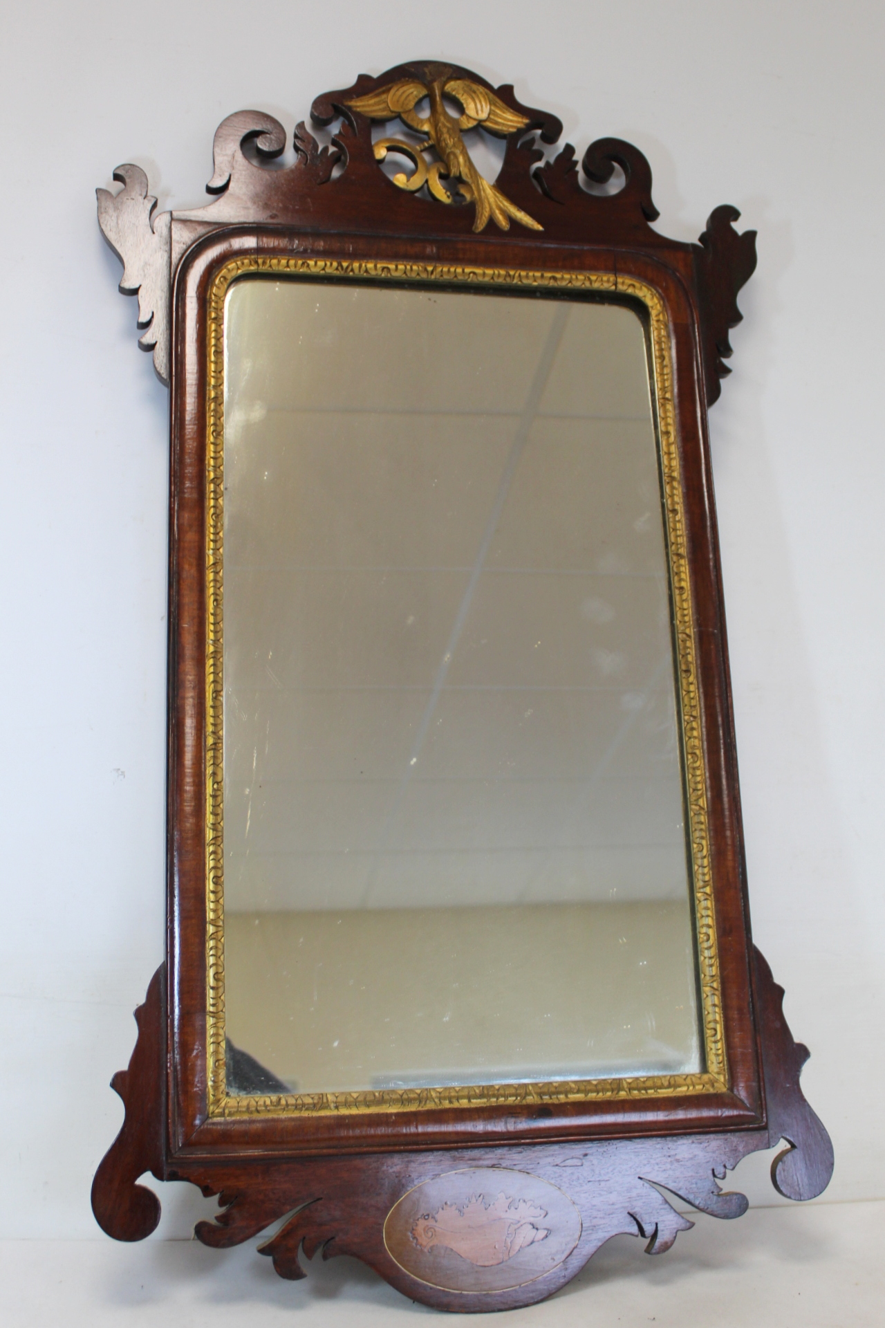George III style mahogany wall mirror with fret cut frame, gilt slip and bird pediment and inlaid - Image 2 of 2