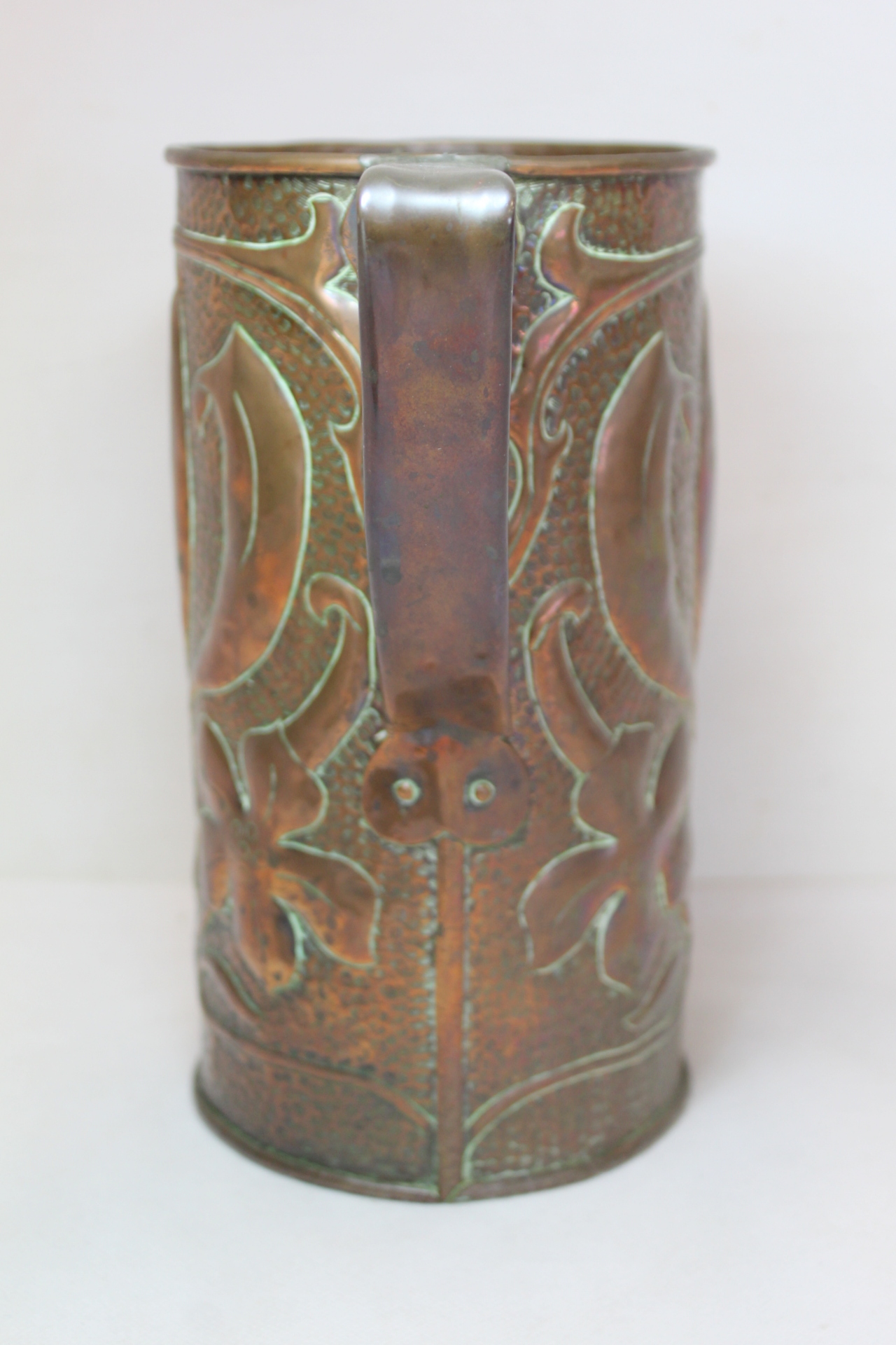 Arts & Crafts copper vase of twin handled cylindrical form, possibly Fivemiletown, with floral and - Image 5 of 9