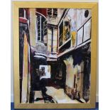 ANNA LORIMER (MODERN BRITISH). "Courtyard 2". Oil and collage on canvas. 101cm x 75cm. Signed, title