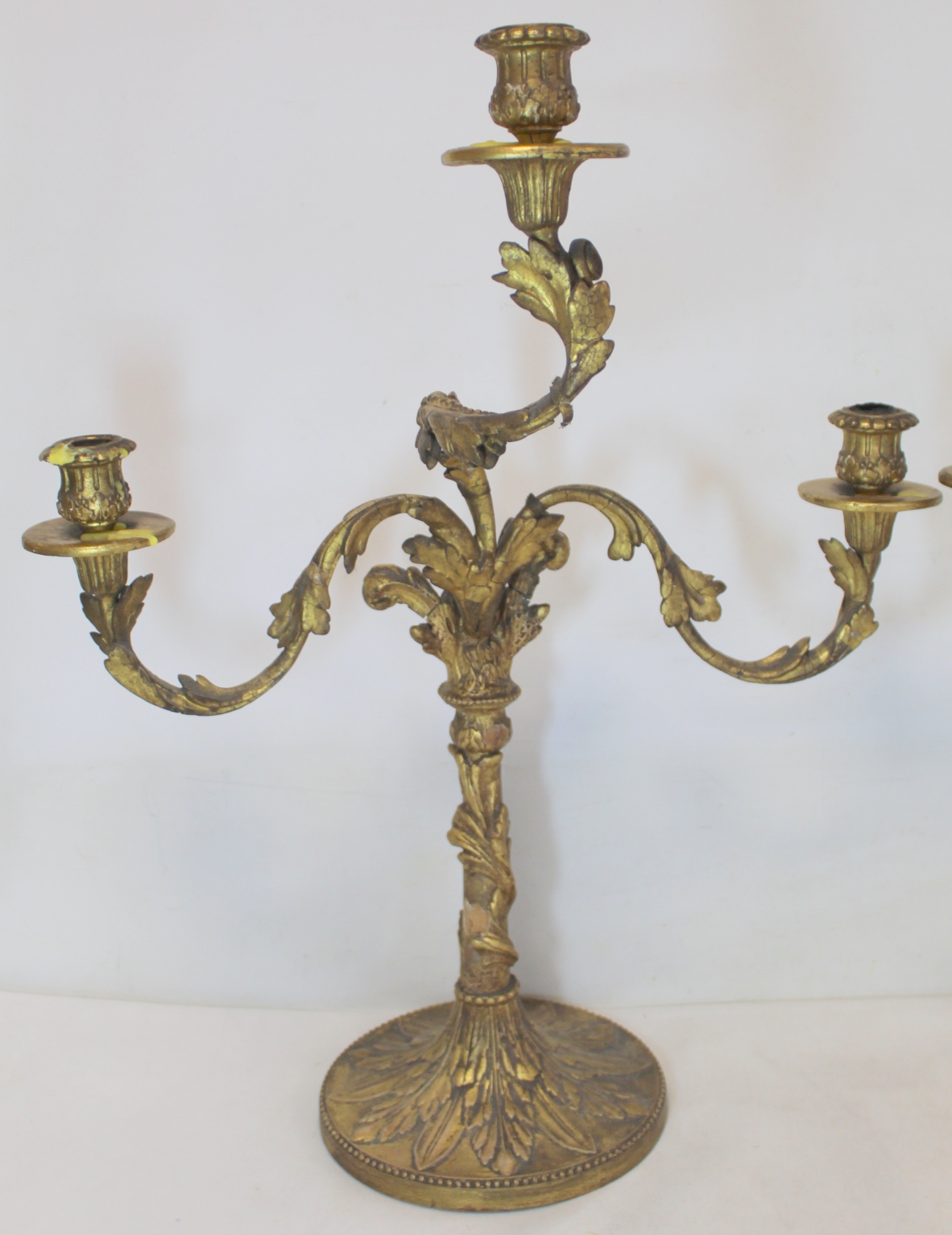Pair of giltwood candelabra, each with three sconces on circular drip trays and scrolling foliate - Image 2 of 26