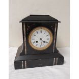 French mantel clock with enamel dial in black Namur marble case with inlaid bands and incised