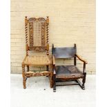 Carved oak bergere back and seat side chair and a low armchair with leather back and seat