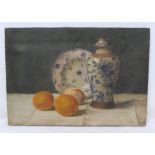 EDWARDIAN SCHOOL (HANNAH WARWICK?) Still life of blue and white china and fruit Oil on canvas -