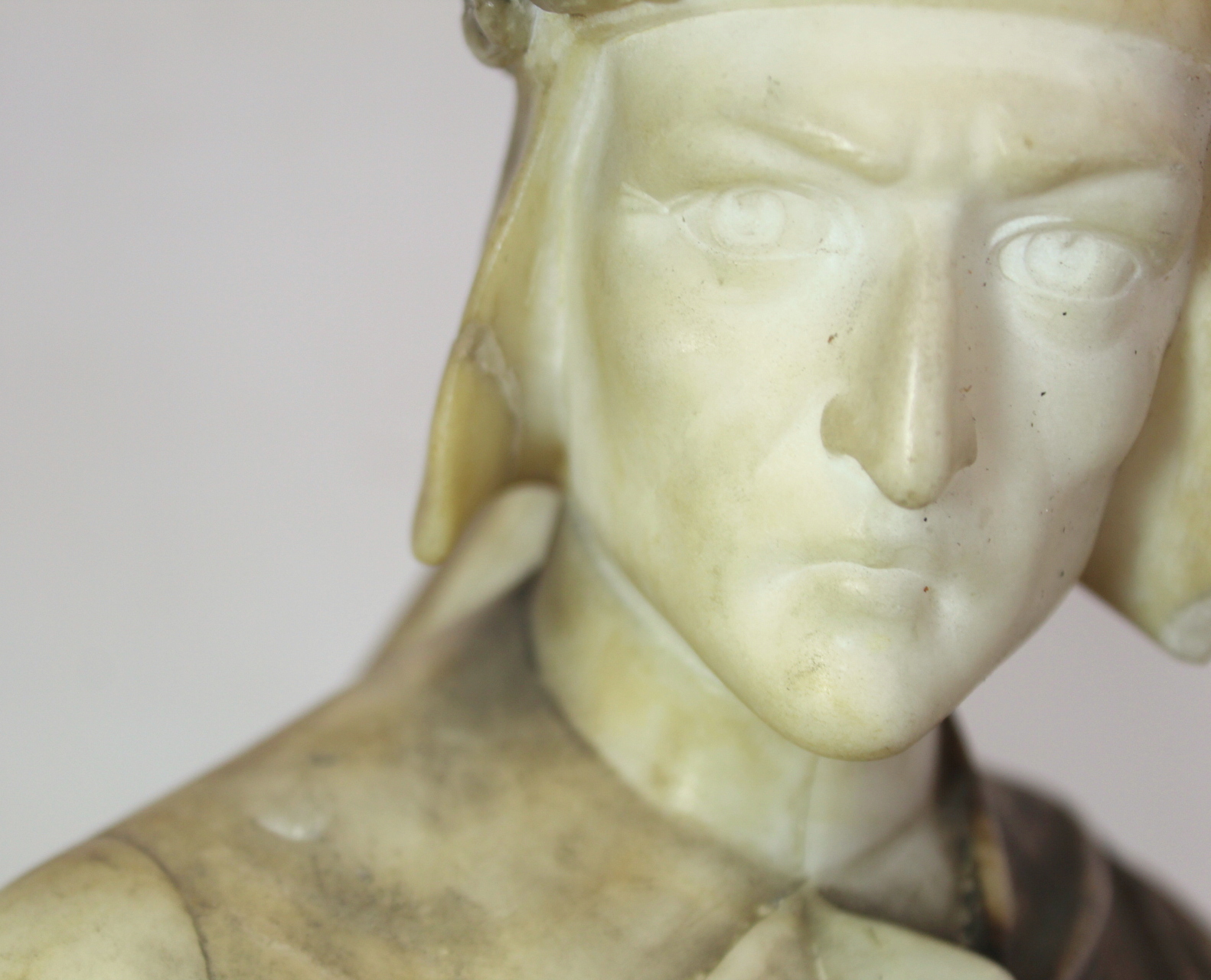 Antique carved alabaster bust of Dante on rectangular plinth base (detached), 23cm high. - Image 4 of 15