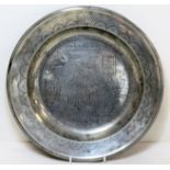 Early 19th century German pewter wriggle work marriage charger decorated with two figures