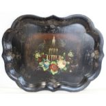 19th century black lacquer papier mache tray of lobed oval form with polychrome painted decoration