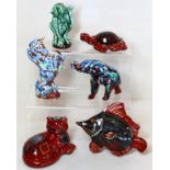 Six Anita Harris Studio Pottery figures comprising: unicorn, 14.cm high; elephant, 8cm high;