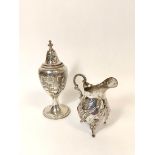 Silver vase pepperette, engraved with scrolls, 1868 and a German embossed small jug, '800', 102g. (