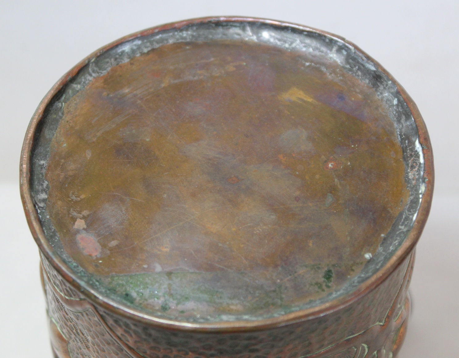 Arts & Crafts copper vase of twin handled cylindrical form, possibly Fivemiletown, with floral and - Image 9 of 9