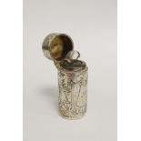 Silver scent bottle, cylindrical, engraved with figures of girls in rustic scenery with church in