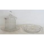 19th century frosted and clear moulded glass biscuit barrel of cylindrical form with reeded and