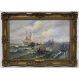 H. THORNLEY (VICTORIAN SCHOOL).  Shipping moored off a quayside in choppy waters. Oil on canvas -