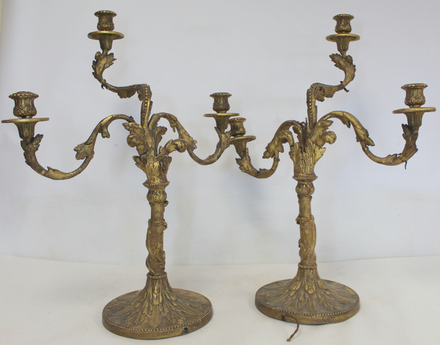 Pair of giltwood candelabra, each with three sconces on circular drip trays and scrolling foliate - Image 5 of 26