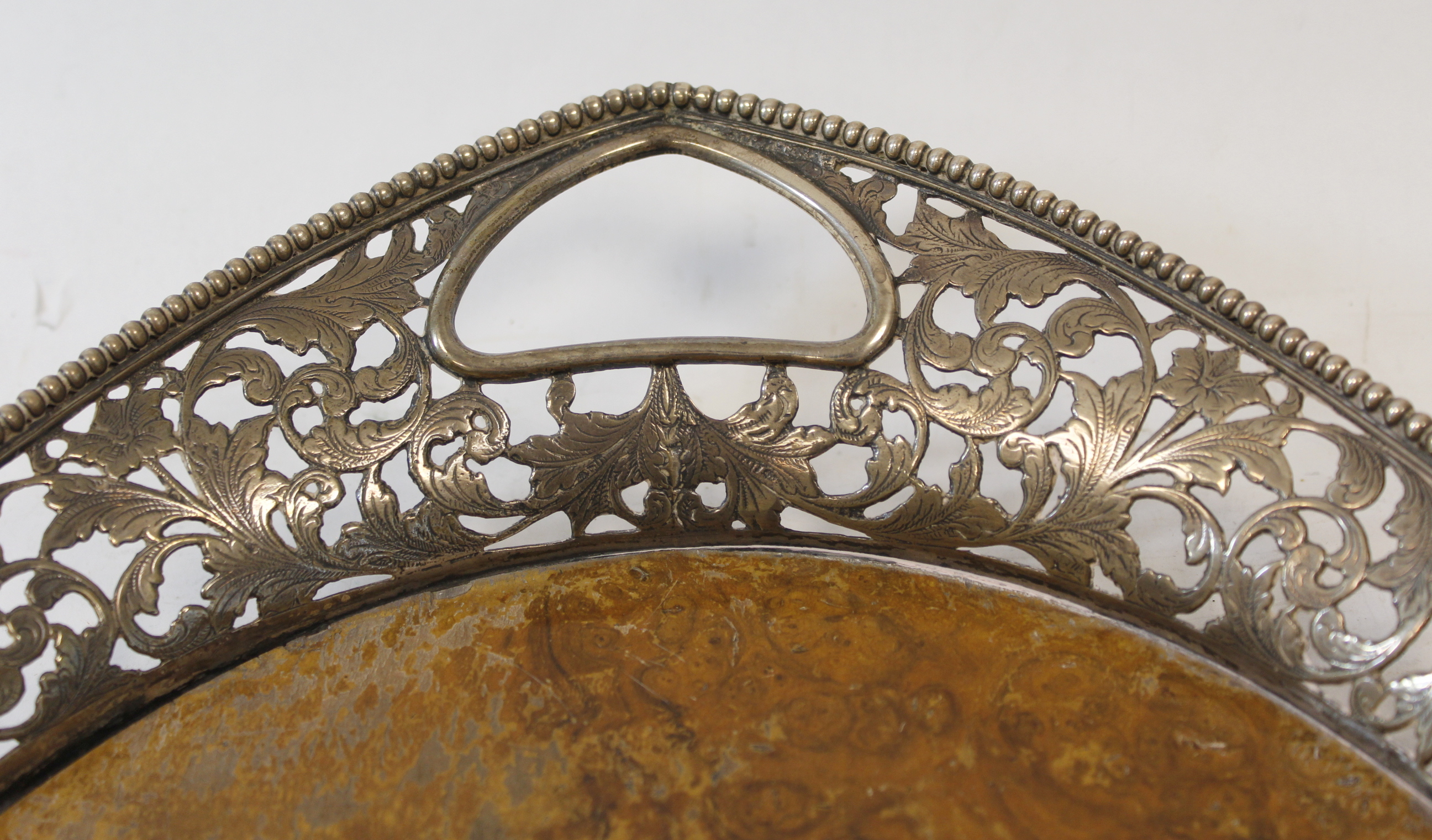 Dutch burr walnut oval tray with pierced and engraved silver gallery, Import Marks, 1908, 50cm. - Image 3 of 5