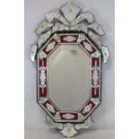 Mid 20th century Venetian style wall mirror, the octagonal bevelled plate with floral etched red