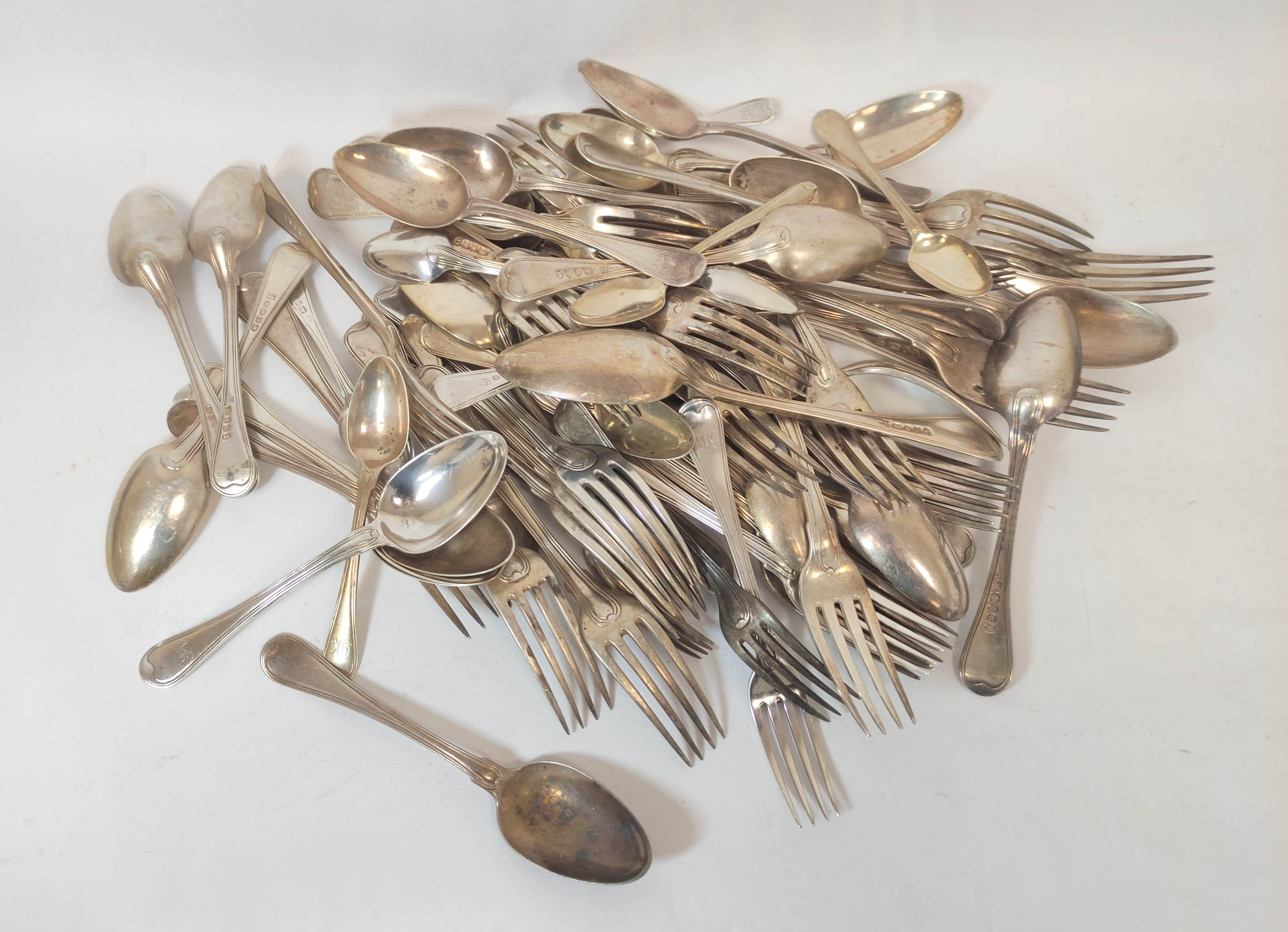 Service of thread pattern silver flatware, initialled J.K., mostly by Eley & Fearn, 1802,