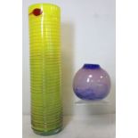 Finnish Nuutajärvi pro arte glass vase of tall mottled yellow cylindrical form with red trailed
