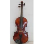 Antique Czechoslovakian full size violin, copy of a Stradivarius, with two piece back and paper
