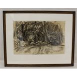 DAVID MACBETH SUTHERLAND (SCOTTISH 1883 -1973) A Woodland Road. Pen, ink and grey wash. 32cm x 49cm.