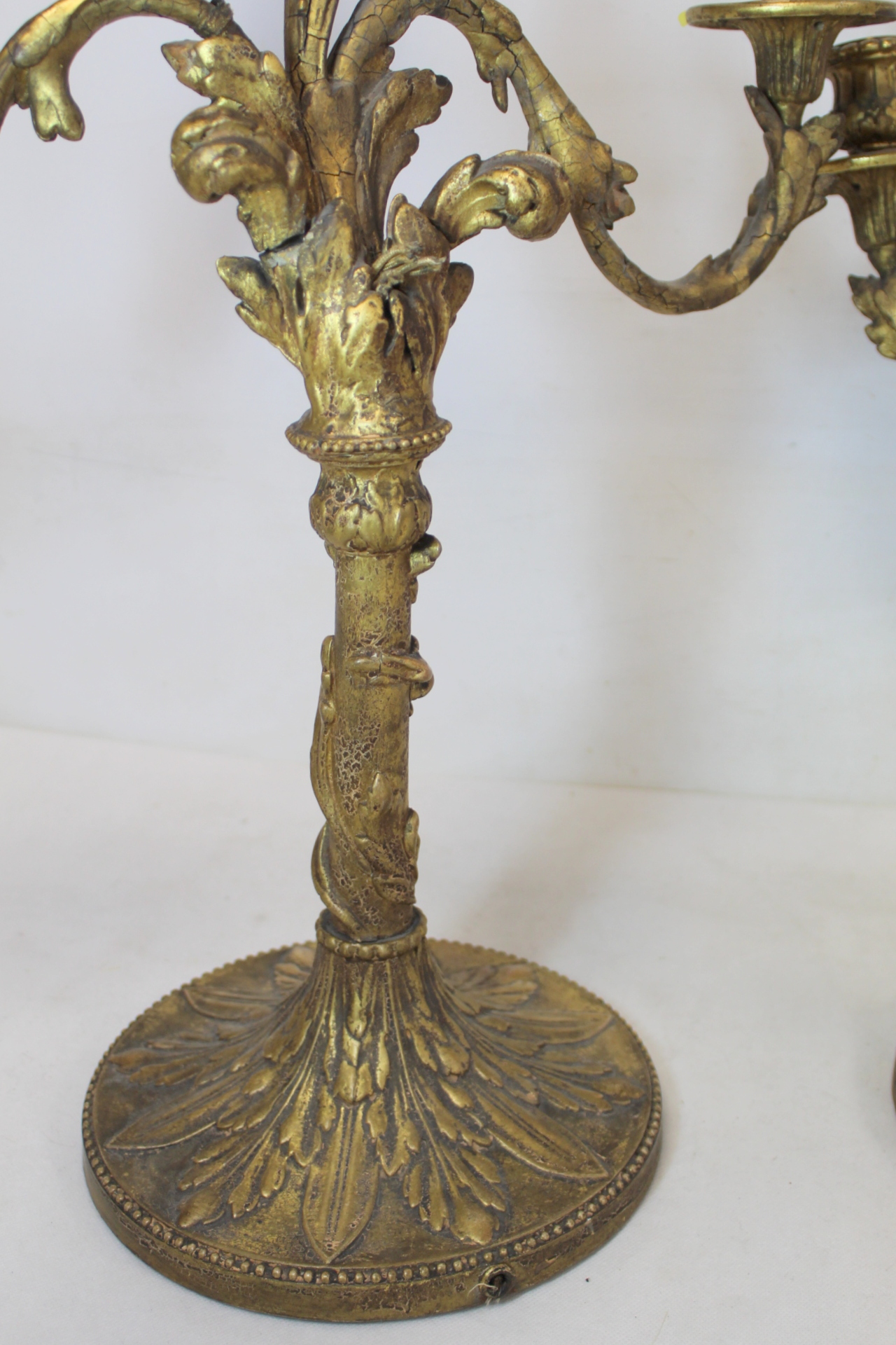 Pair of giltwood candelabra, each with three sconces on circular drip trays and scrolling foliate - Image 6 of 26