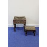 Victorian square top stool with needlework top of a vase of flowers, on turned faceted supports; and