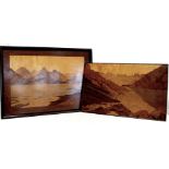 Scottish marquetry pictorial wood panel depicting Loch Coruisk, inscribed and numbered 56 on paper