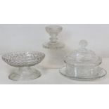 19th century cut glass covered bon bon dish and stand of oval form, 17cm high and two cut glass