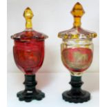 Two 19th century Bohemian pokals or covered goblets with coloured flashing, one with etched panel of