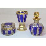 Late 19th/early 20th century Bohemian glass blue and gilt dressing table set comprising: globular